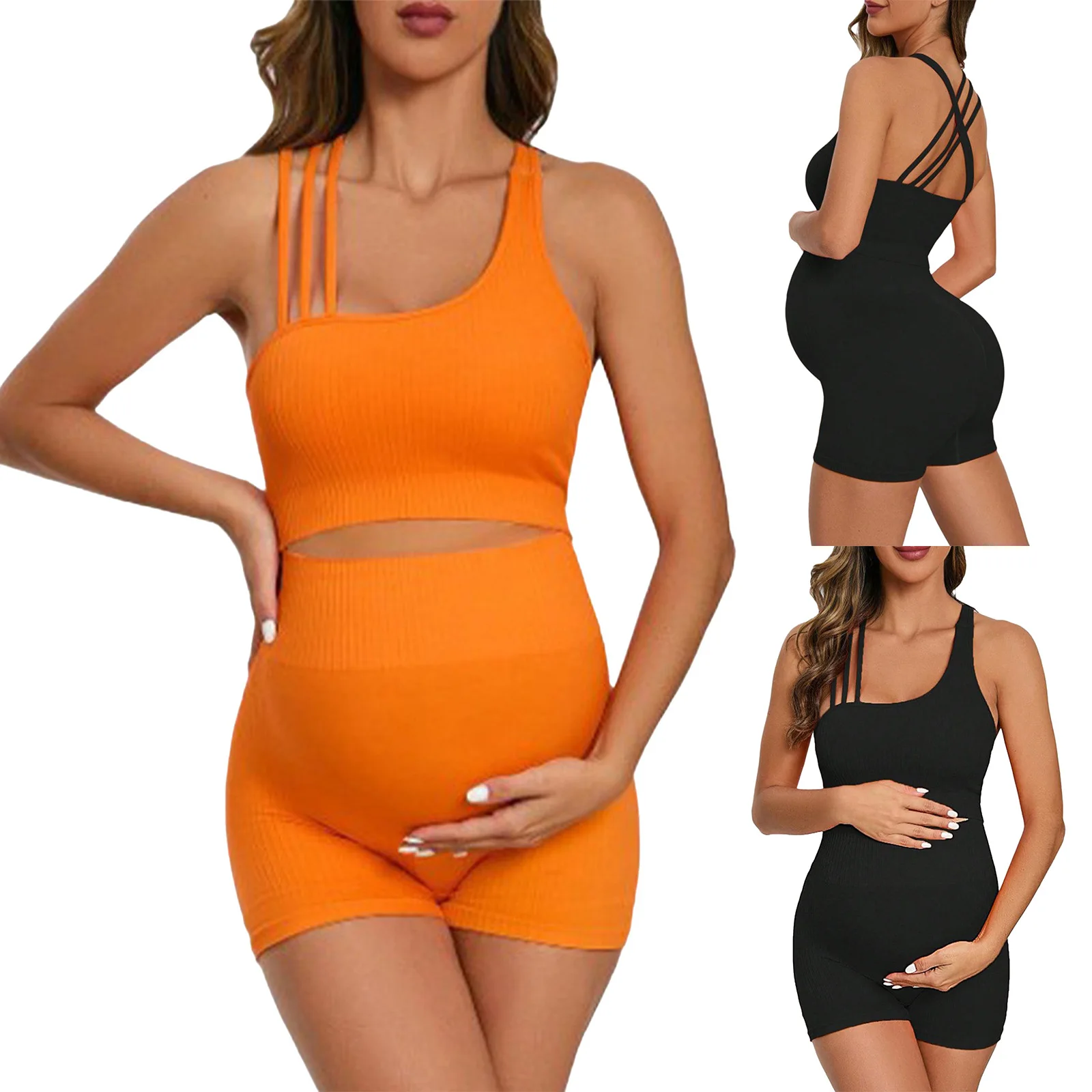 여성용 임산부 요가복 민소매 크로스 스트랩 백 크롭탑과 배를 덮는 반바지 세트, 헬스 운동복