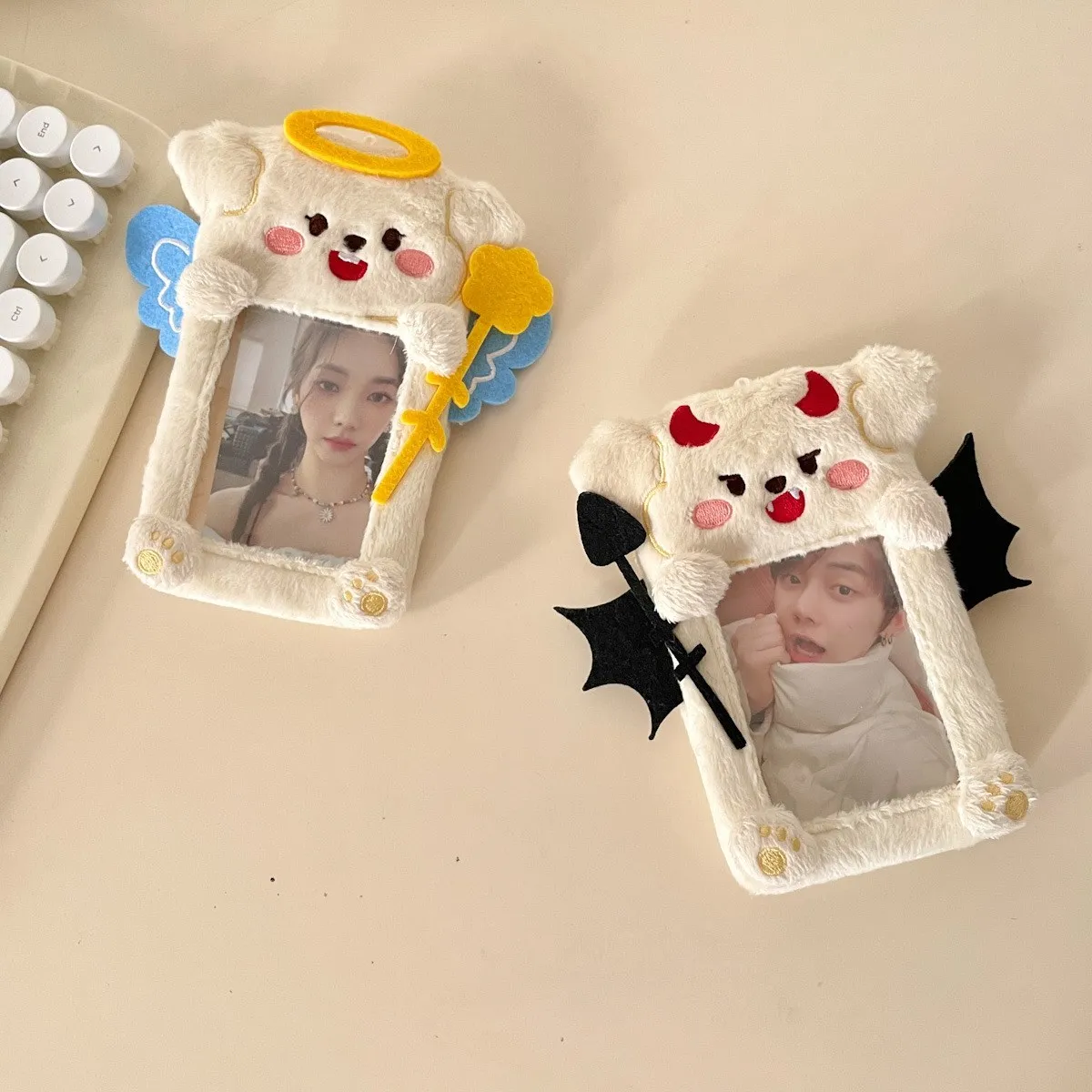 

Kawaii Devil and Angel Soft Plush 3 inch Kpop Photocard Holder Photo Card Holder Bag Pendant School Stationery