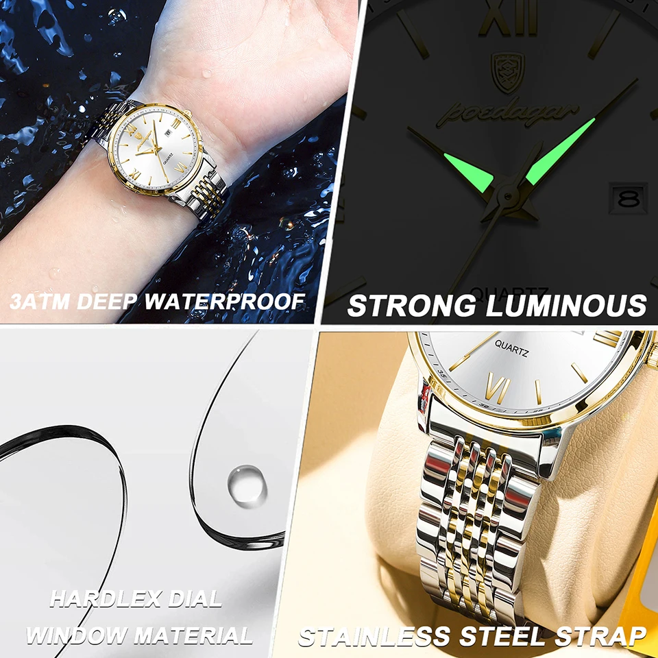 POEDAGAR Fashion Women Watch Top Brand Rose Gold Stain Steel Waterproof Date Quartz Ladies Watch Luxury High Quality Clock Gifts