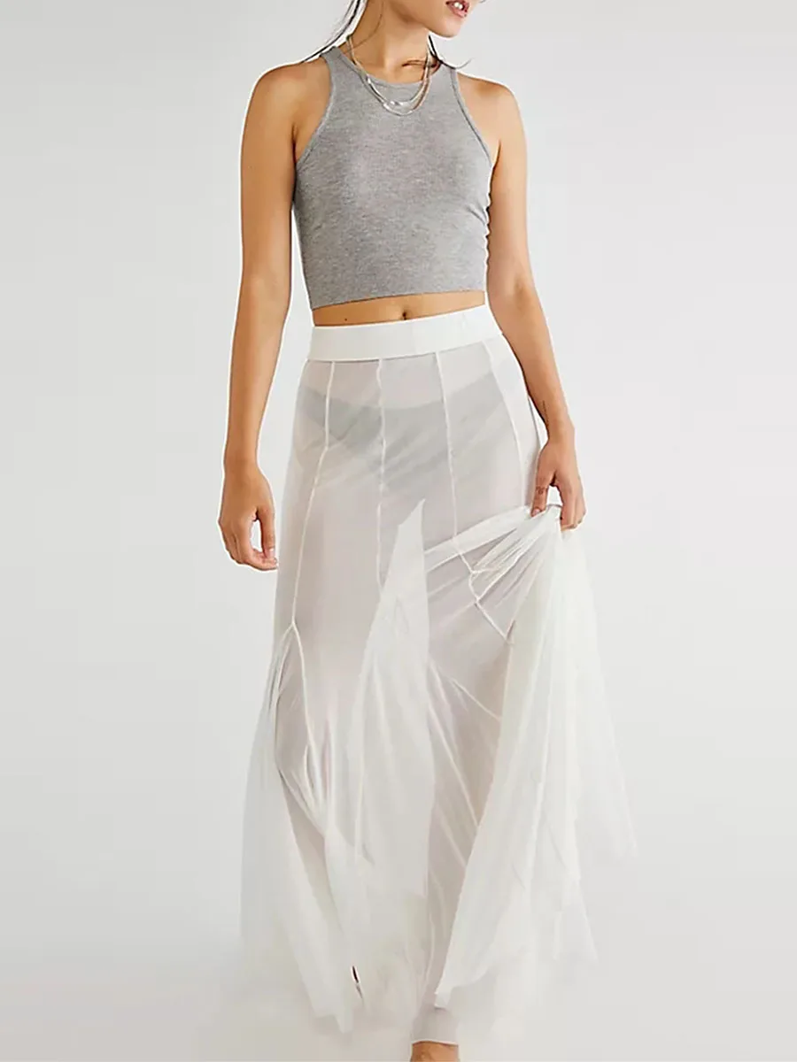 

Женская прозрачная сетчатая длинная юбка, эластичная плиссированная юбка с высокой талией и оборками на подоле, однотонная пляжная уличная одежда с подкладкой для отпуска