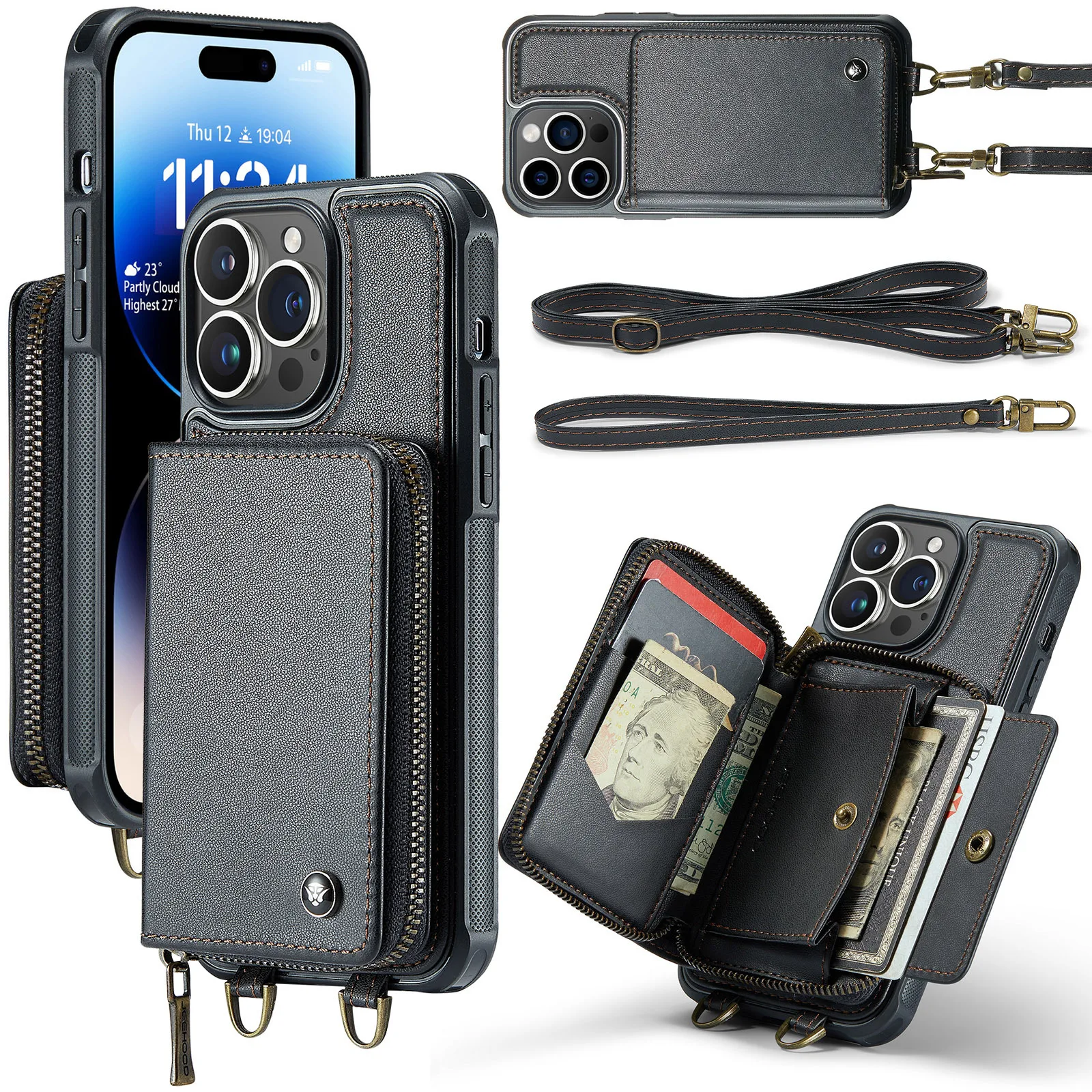 

Magnetic Crossbody Strap Leather Cases for iPhone 15 Pro Max 15 Plus 14 13 12 11 Pro Max Holder Stand Wallet Card Slots Cover