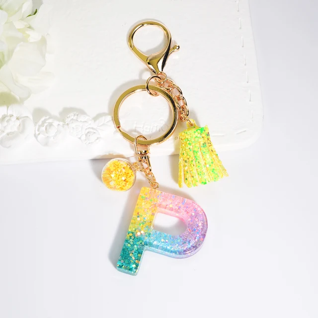 Multicolor Gradient Filling 26 Letter Resin Keychain With Yellow Ball And  Tassel For Women Initial KeyRing