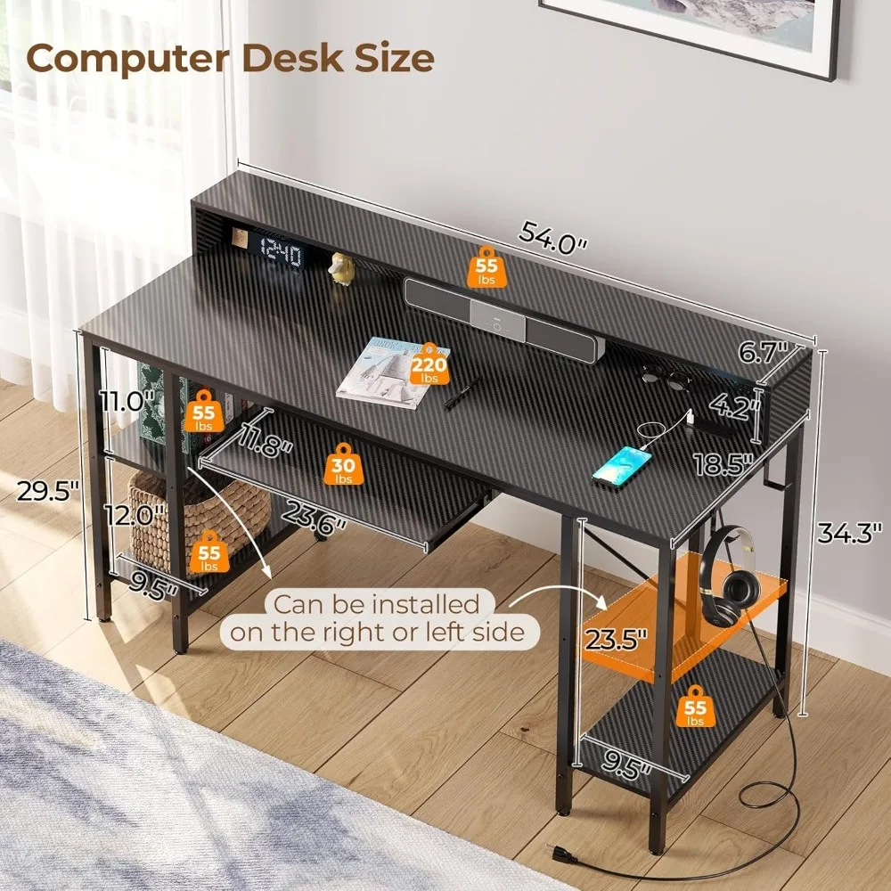 Computer Desk with LED Lights & Power Outlets, 54” Gaming Desk with Storage Shelves, Home Office Desk with Keyboard Tray 3