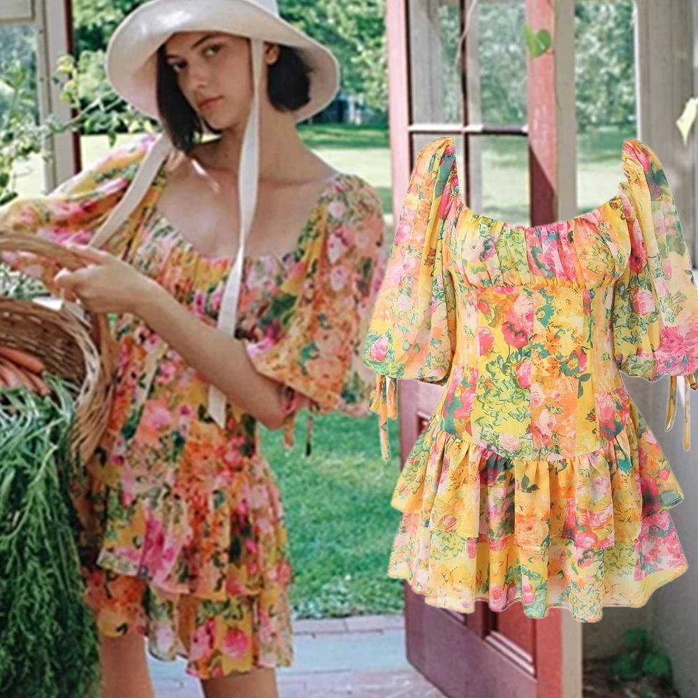 

Jenny&Dave Country Style Vintage Flower Print Fashion Ladies Mini Dress French Vacation Layered Dress for Women