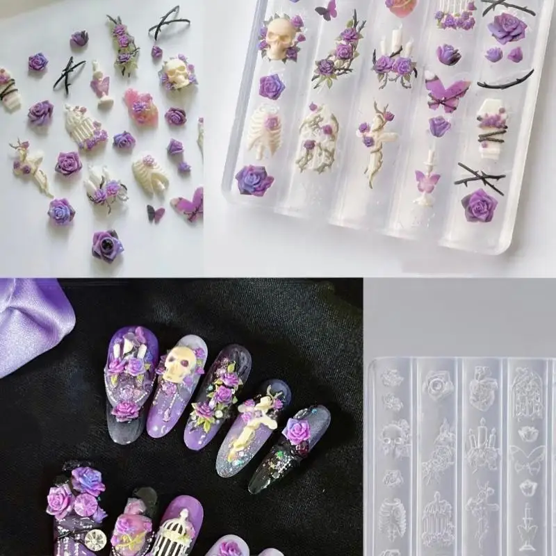 1PC 3D Creative Transparent Nail Art Mold Rose Candlestick Skull Butterfly Birdcage Carving Molds DIY Manicure Decoration Tools