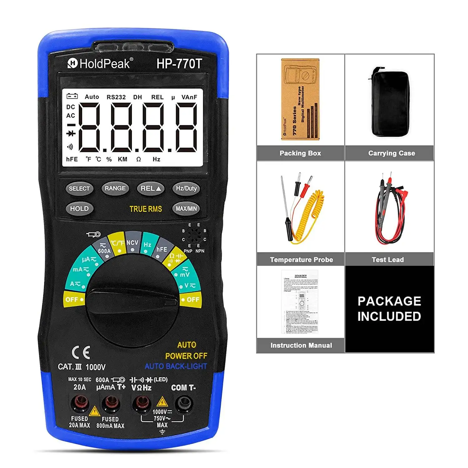 HOLDPEAK 디지털 멀티 미터 6000 카운트 TRMS DMM CATIII 1000V, 자동 범위, 데이터 홀드, NCV, AC/DC Amp Ohm 볼트 미터