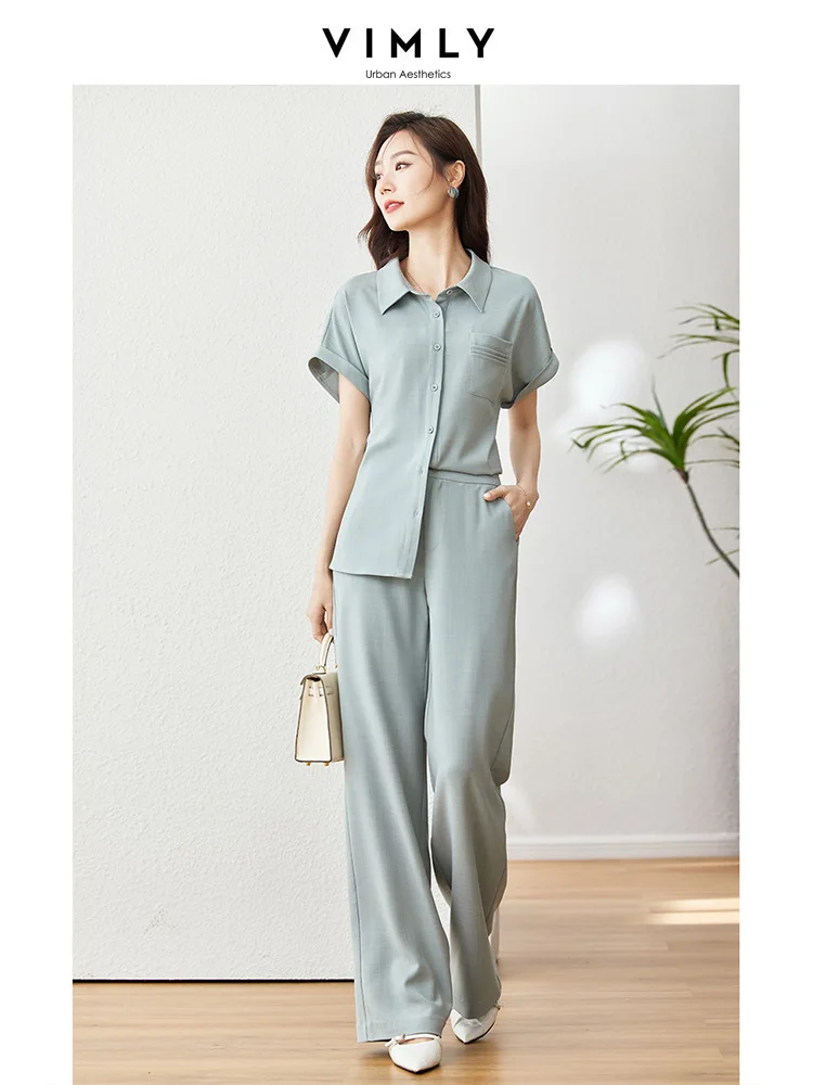 Vimly Two Piece Set for Women Elegant 2023 Summer New Office Lady Shirt Blouse Straight Casual Female Long Pants Sets Outfits vimly autumn blazer suit cropped jacket baggy pant 2 piece sets women outfit 2023 new in elegant office lady matching sets m3986