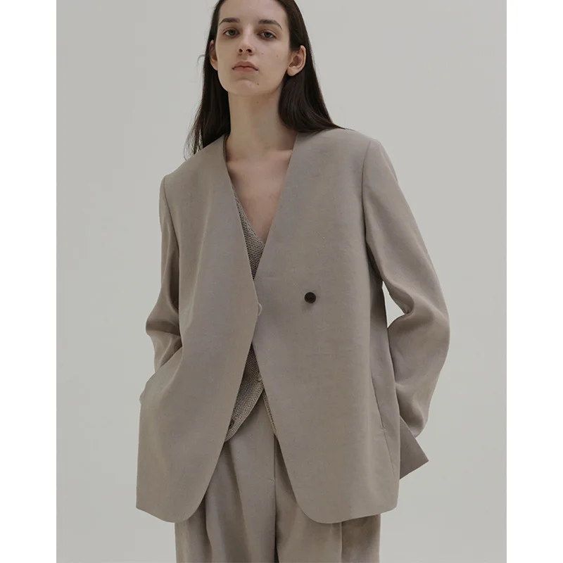 Women Gray One Button Loose Vintage Blazer
