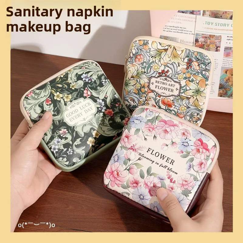 Oil Painting Portable Zero Wallet Earphone Data Cable Storage Pouch Lipstick Case Large Capacity Menstrual Bag For Women