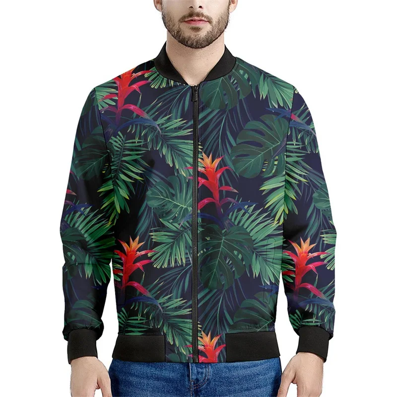 thumbnail image 1 of Chaqueta bomber con estampado de hojas tropicales en flor para hombre, sudadera de manga larga en 3D, chaqueta bomber de calle de gran tamaño con cremallera, 1 of 5