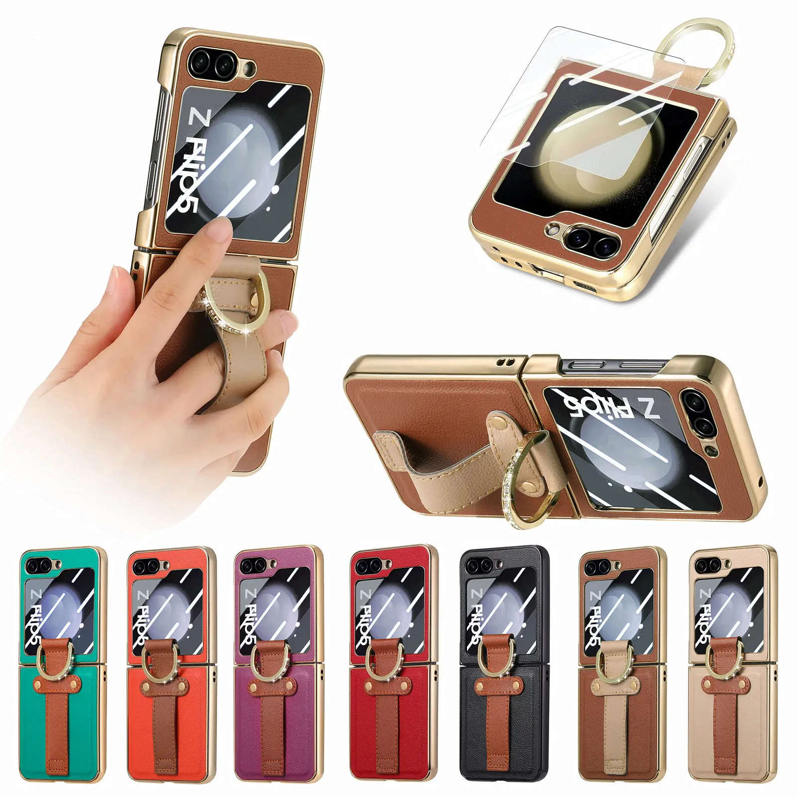 Electroplated Finger Ring Phone Case For Samsung Galaxy Z Flip 5 With Screen Protector Stand Shockproof Leather Cover