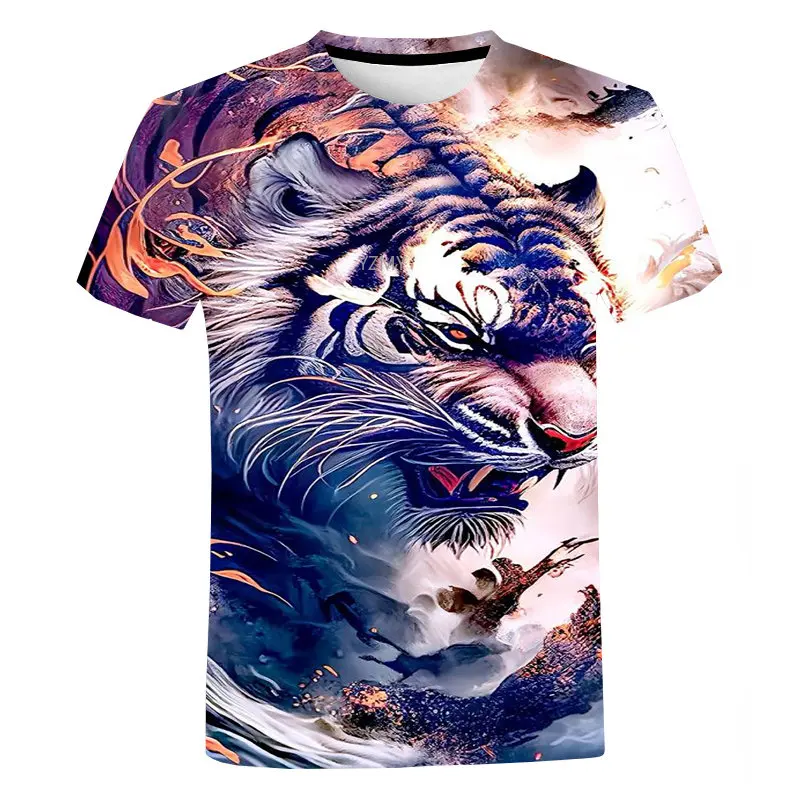 

Футболка мужская оверсайз с коротким рукавом, модная рубашка с круглым вырезом, топ с 3D-принтом тигра и животного, большие размеры, на лето