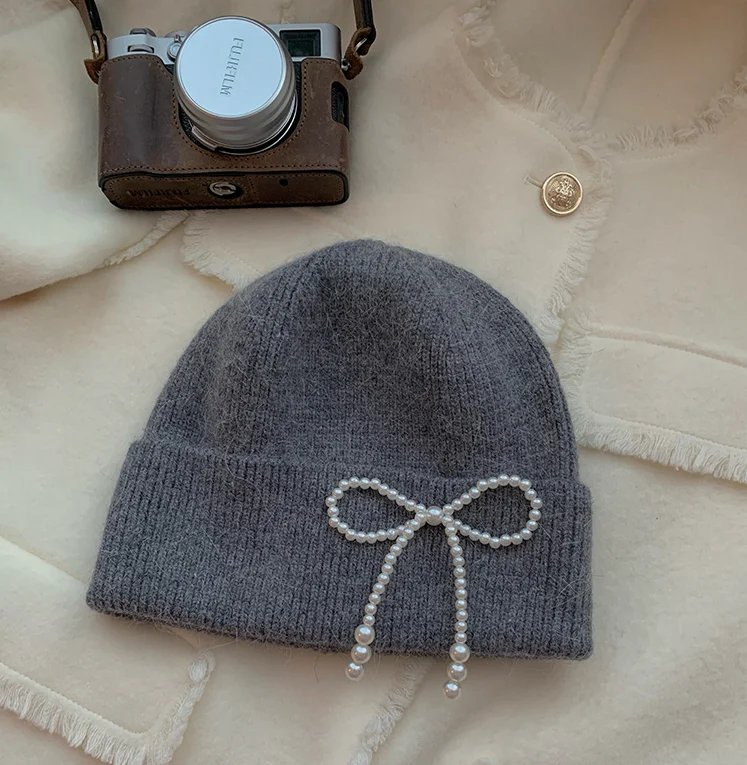 Pălărie de lână tricotată cu perle, cu fundă dulce, pentru toamnă și iarnă, de pluș, cu protecție pentru urechi, arată fața, mică, la modă, Baotou_voghion.com