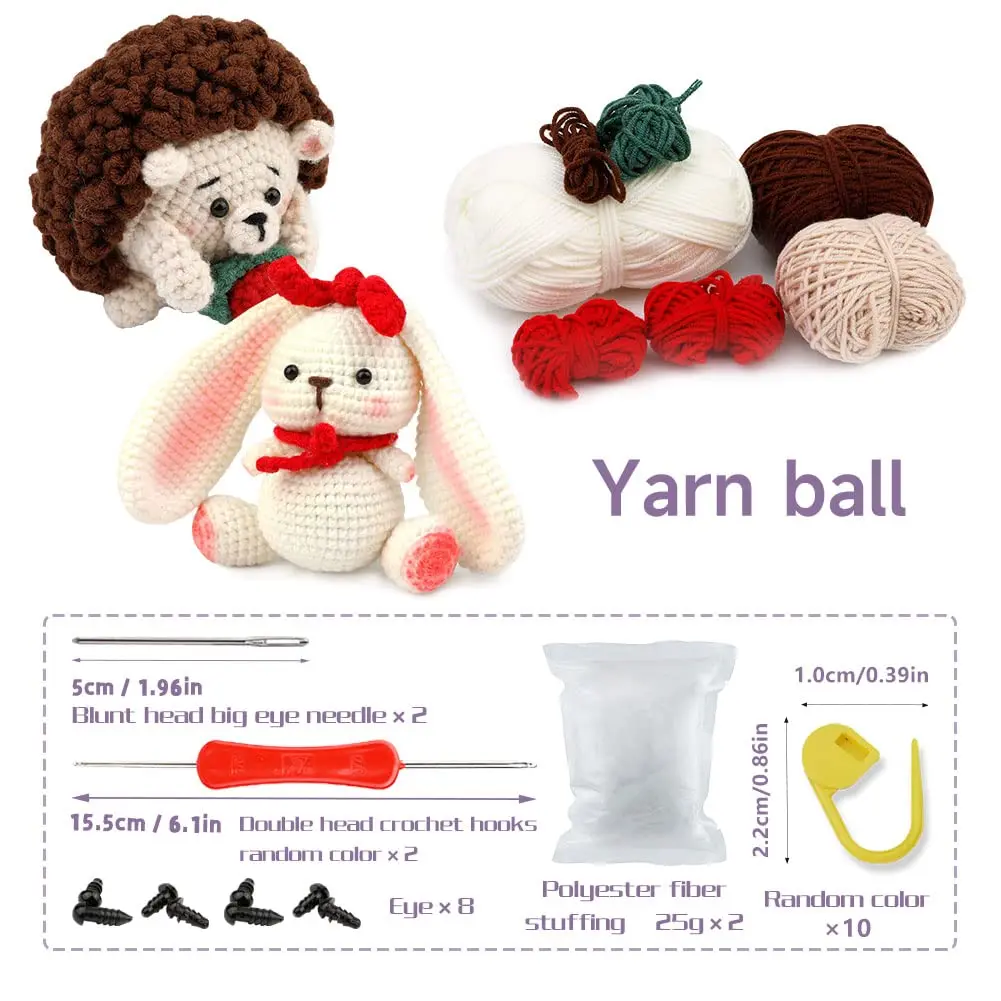 Fenrry Hedgehog and Rabbit Crochet Kits DIY Beginners With Yarn Balls Stitch Markers Needles Instruction Accessories