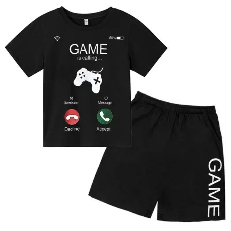 thumbnail image 1 of Conjunto de camiseta y pantalones cortos con estampado de máquina de juego de arte de grafiti para niños, moda de verano, informal, de manga corta, para niños y niñas, 1 of 5