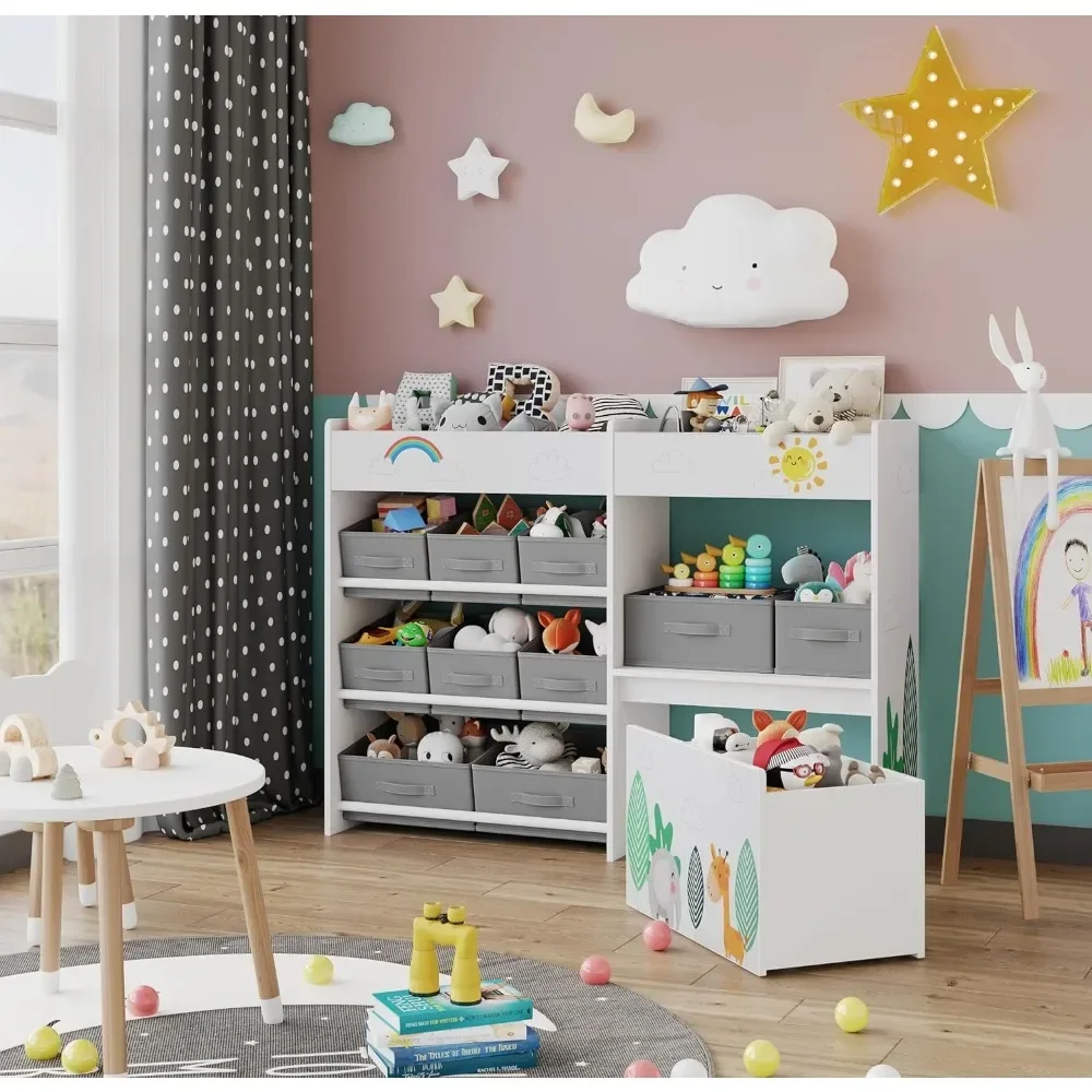 Toy Storage Organizer, Toy Bookshelf with 10 Fabric Bins and Movable Chest, Storage Cabinet for Playroom, School Bookcases 2