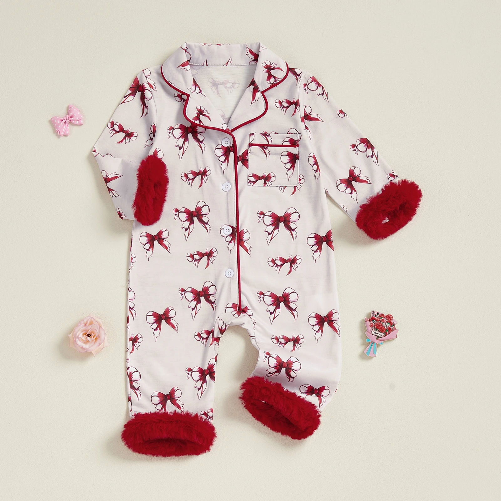Fall Winter Baby Girls Furry Cuffs Hem Sleepwear Soft Comfortable Pajamas Long Sleeve Turn Down Collar Bow Printed Chest Pocket