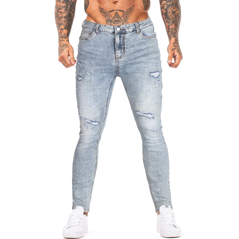 GINGTTO Denim Jeans Mens Light Blue Casual Pants Skinny Trousers Brand Male Clothing Streetwear High Waist Stretchy zm1063