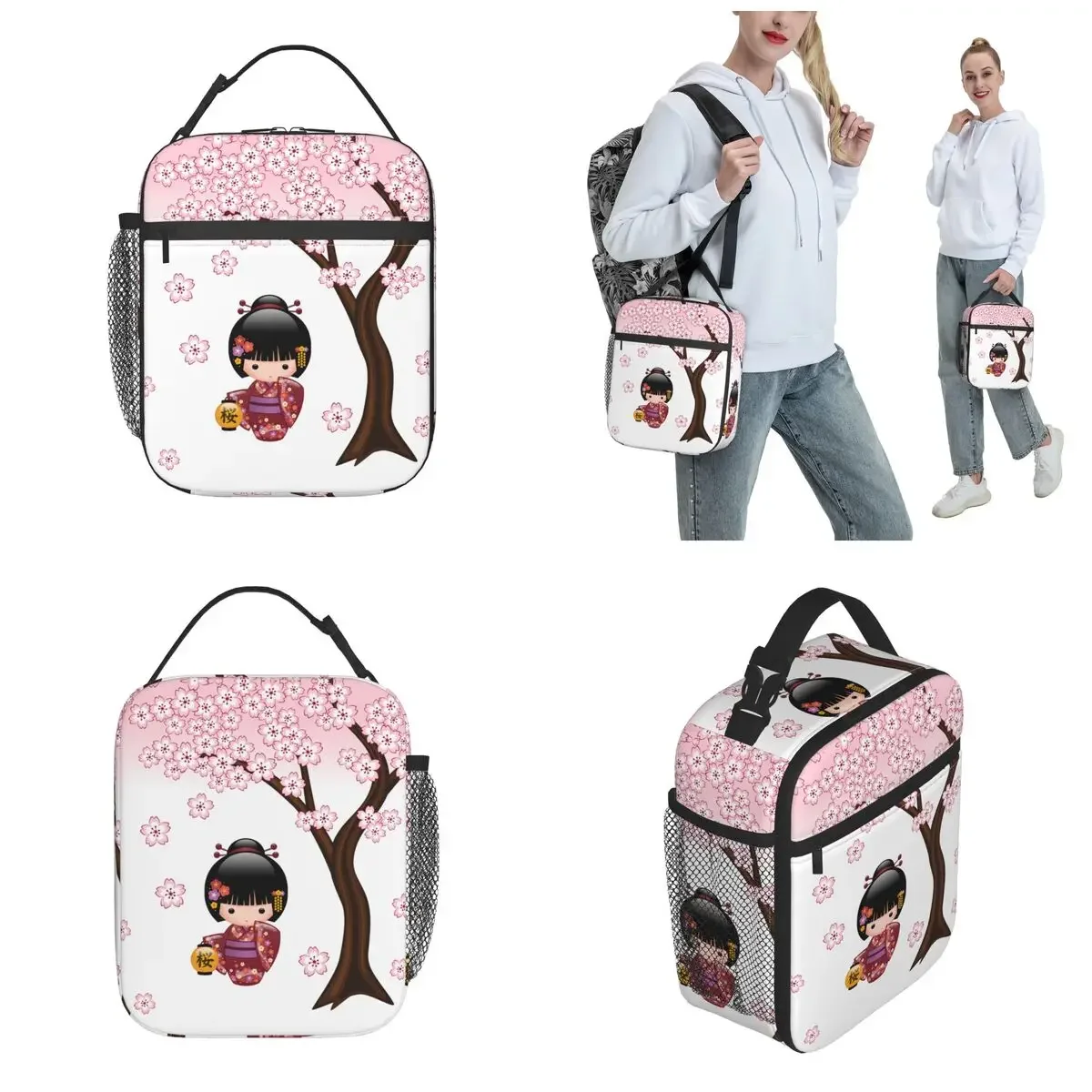 Lunch Bag Cooler Bag Sakura Kokeshi Doll Thermal Insulated Lunch Boxes Japanese Geisha Girl Lunch Bag Container Thermal Cooler Food Box