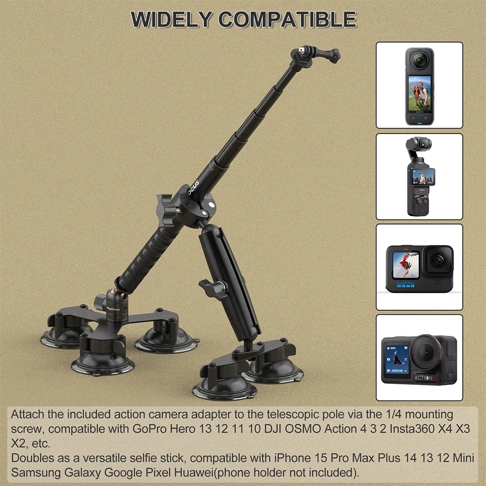 Bâton selfie 44,9 pouces inclus dans le kit ventouse voiture 5-en-1 pour Insta360 X2 et GoPro Max