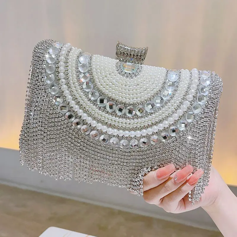 Metal Beaded Evening Clutch Bag with Rhinestones and Chain Strap
