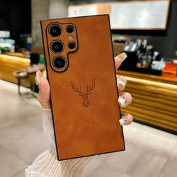 Cartoon Deer Head Leather Phone Cover for Samsung S22Ultra (Light brown)