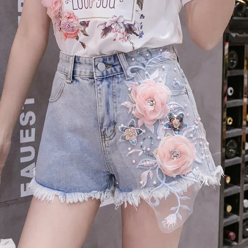 

2024 Sexy Jeans Korean Embroidered Beaded High-end Fashion Washed Sanding High Waist Denim Shorts