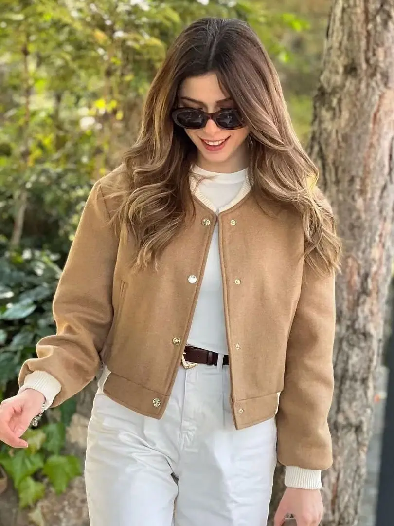 

WYBLZ Spring Autumn Women's Bomber Jacket Stand Collar Double Pockets Contrasting Color Motorcycle Pilot Jacket Female Coat Tops