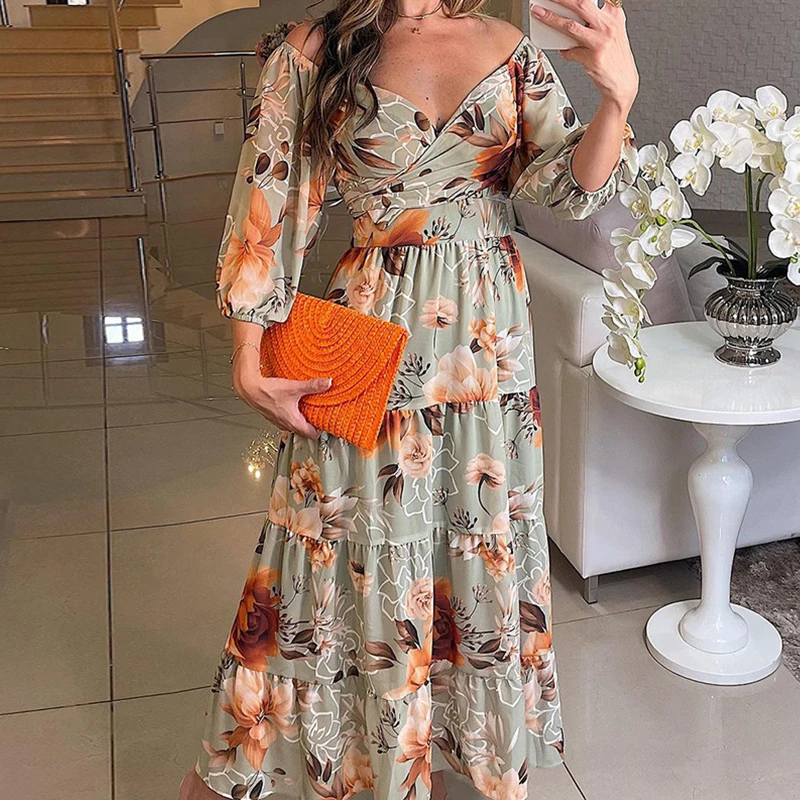 

Elegant High Waist Temperament Pleated Party Dress Autumn Print Long Sleeve V Neck Dress Women Fashion Holiday A-line Long Dress