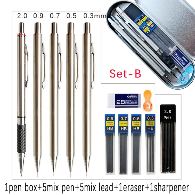 Metal Mechanical Pencils Set with Lead Refills Drafting Automatic Pencil  0.3, 0.5, 0.7, 0.9, 1.3, 2.0mm 2B HB For Art Supplie - AliExpress