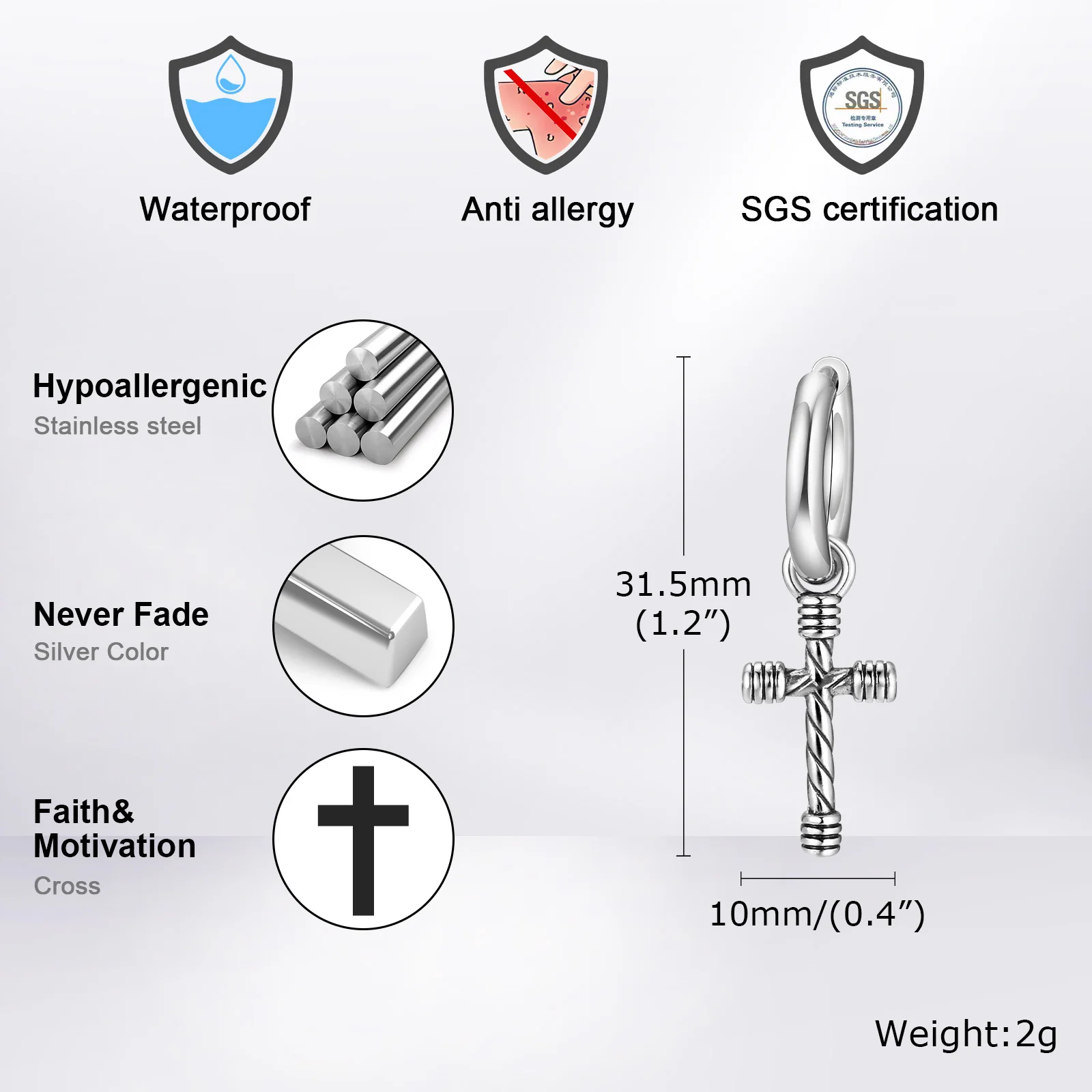 Waterproof Cross Earrings for Men Boys,Stainless Steel Dangle Hoop Earrings,Punk Hip Pop Jewelry Gift for Christmas Birthday