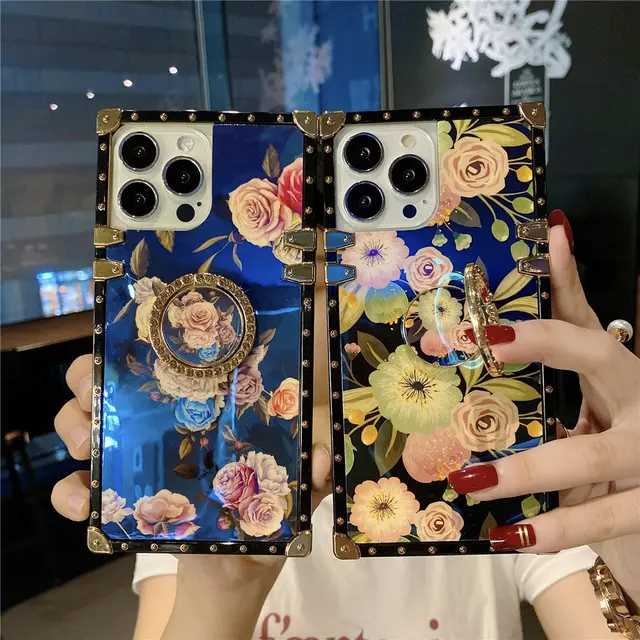 Fashion Retro Flower Diamond Ring Holder Square PU Leather Case For LG K51  K61 Stylo 7