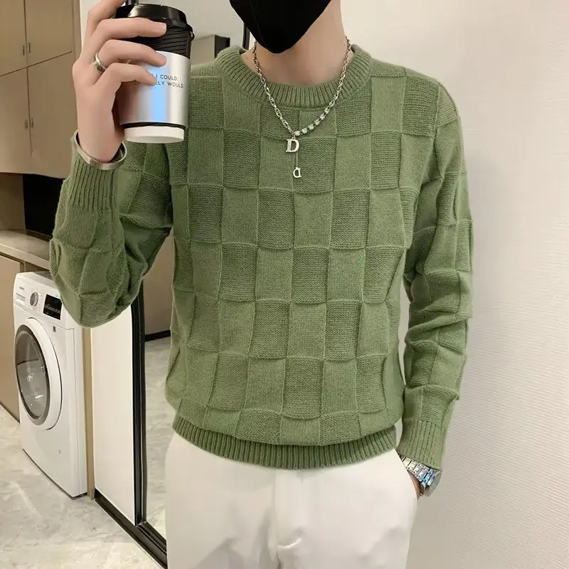 Autumn Winter Plaid Fashion Harajuku Sweaters Men Casual Male Clothes Knitwear Undershirt O Neck Long Sleeve Tops Thick Pullover