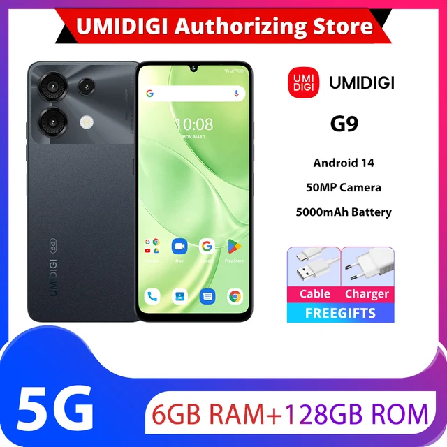 Uacity-IGI G9, Android 14,UNISOC T765,Octa Core, empreinte digitale latérale, 50MP, 6 Go + 128 Go, 5G,5000mAh, écran goutte d'eau 6.75 ", version globale 1