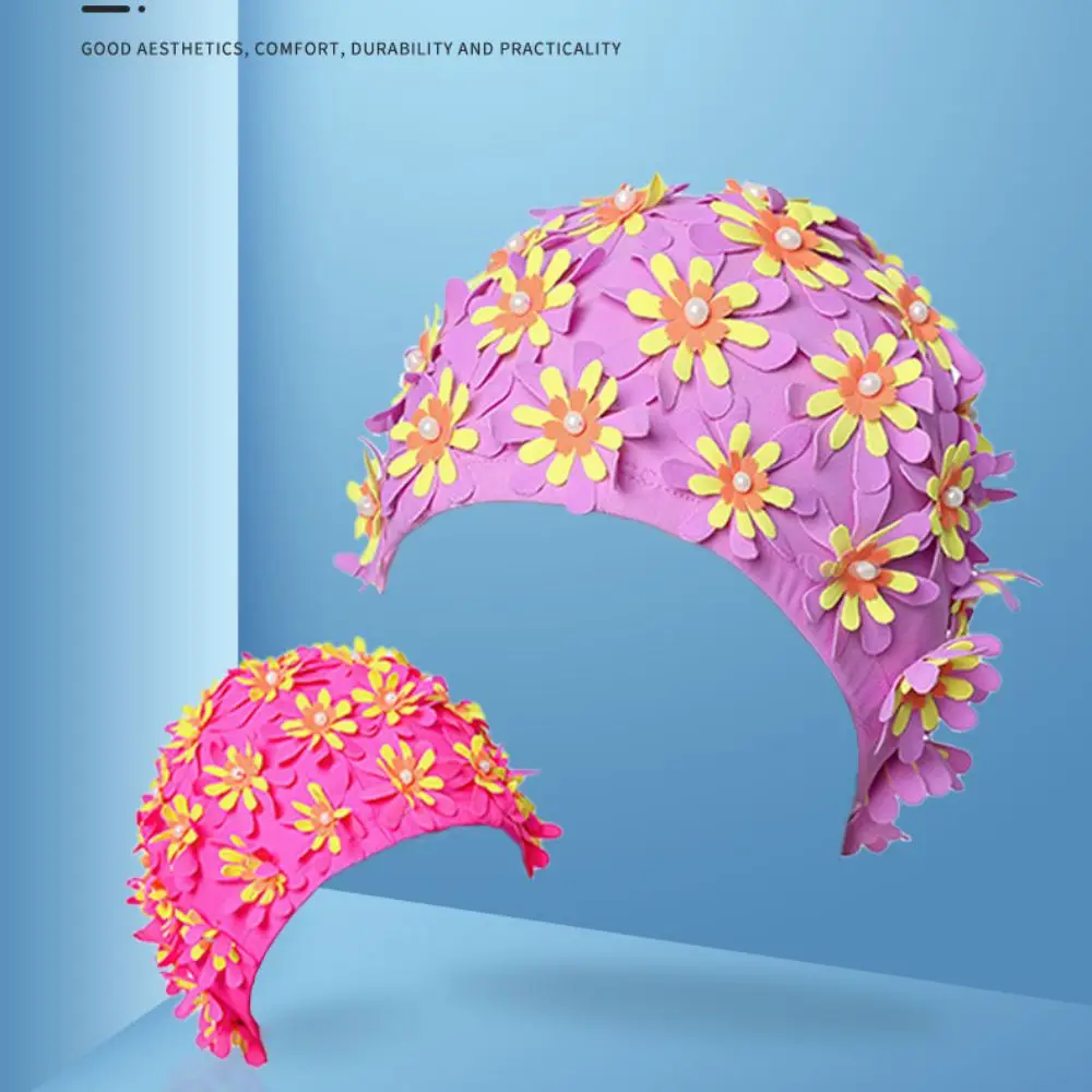 Pearl Floral Petal Swim Cap Flower Long Hair Swimming Cap Lightweight Vintage Style Flower Swimming Cap Water Sports 5