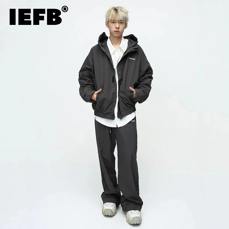

IEFB Trend Men's Two Piece Autumn American Fashion Letter Printing Hooded Cardigan Coat Casual Wide Leg Pant Elastic Male 9C3201