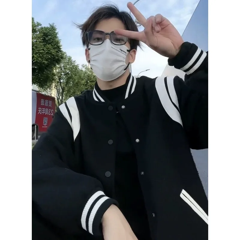 

Chaopai Spring Pi Shuai Loose Woolen Combination Leather Baseball Jersey