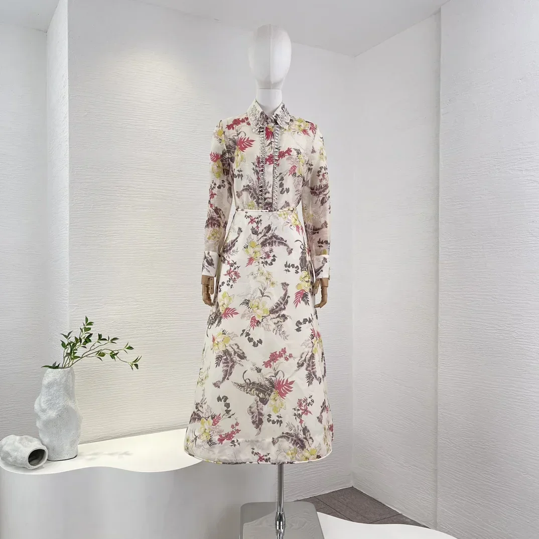 

Silk Linen High Quality New Yellow Floral Print Long Sleeve Blouse Tops and Midi Skirt Women Vintage Set