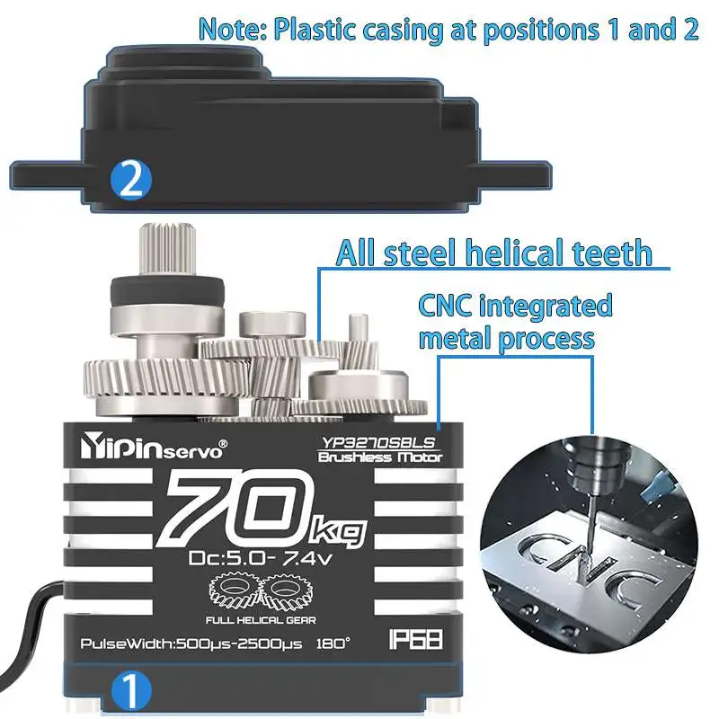 YP3270BLS 70KG High Torque High Voltage Metal Gear Digital Servo IP68 Brushless Motor Servos for 1/10 1/8 TRX6 scx10 RC Crawler