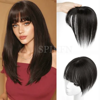 SPIKFN 5x9cm Real Human Hair Topper 8"-14" Natural Straight Top Hairpieces Natural Black Hair Topper Middle Part with Bangs