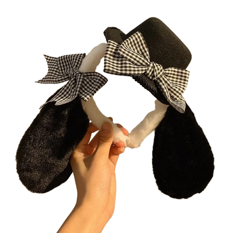 

Top Hat&Bowknot Decor Puppy Ear Shape Hair Hoop Sweet Girls Plush Headpiece Carnival Party Cosplay Photography Headband