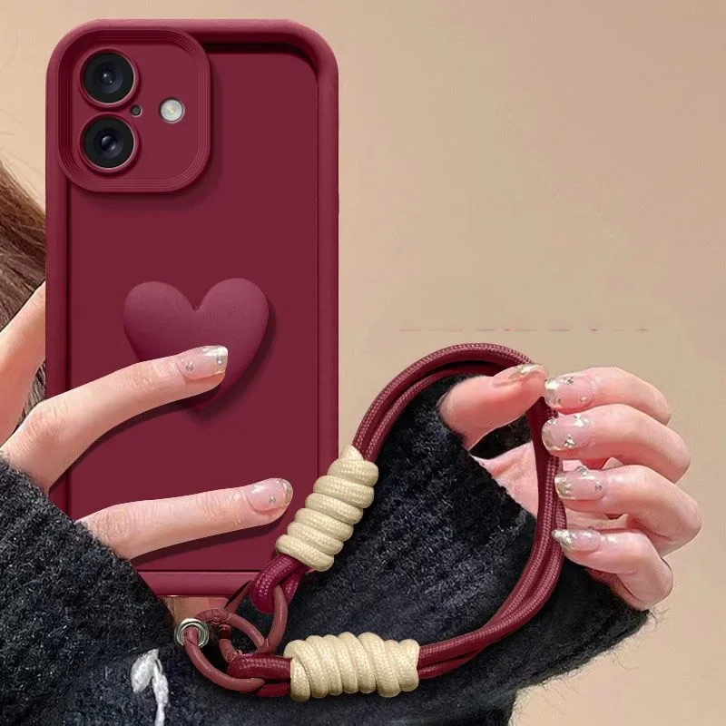 Luxury 3D Black Love Heart Silicone Case with Wrist Lanyard