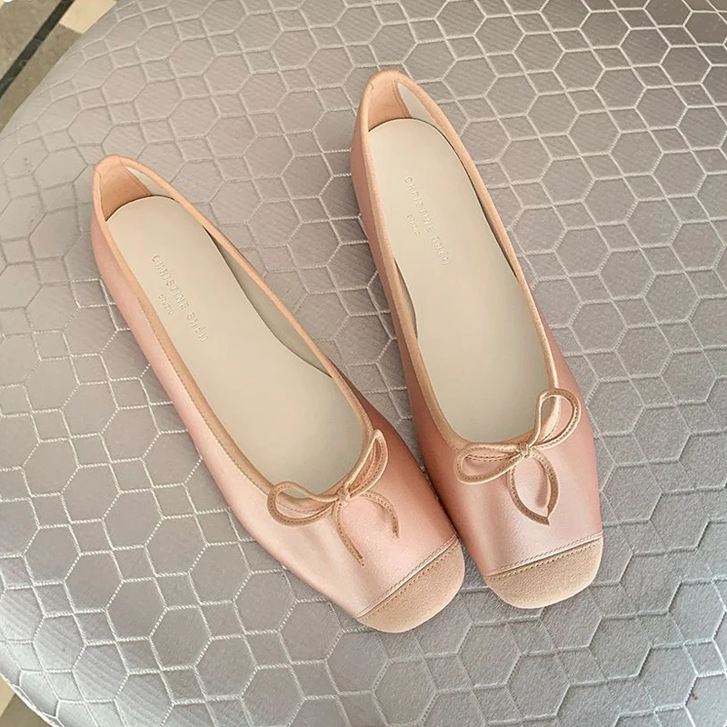 2023 Sweet Bowtie Shoes Woman Silk&Leather Patchwork Ballerinas Ladies Square Pig Nose Toe Mocasines Femmes Silver Flats Ballets 4