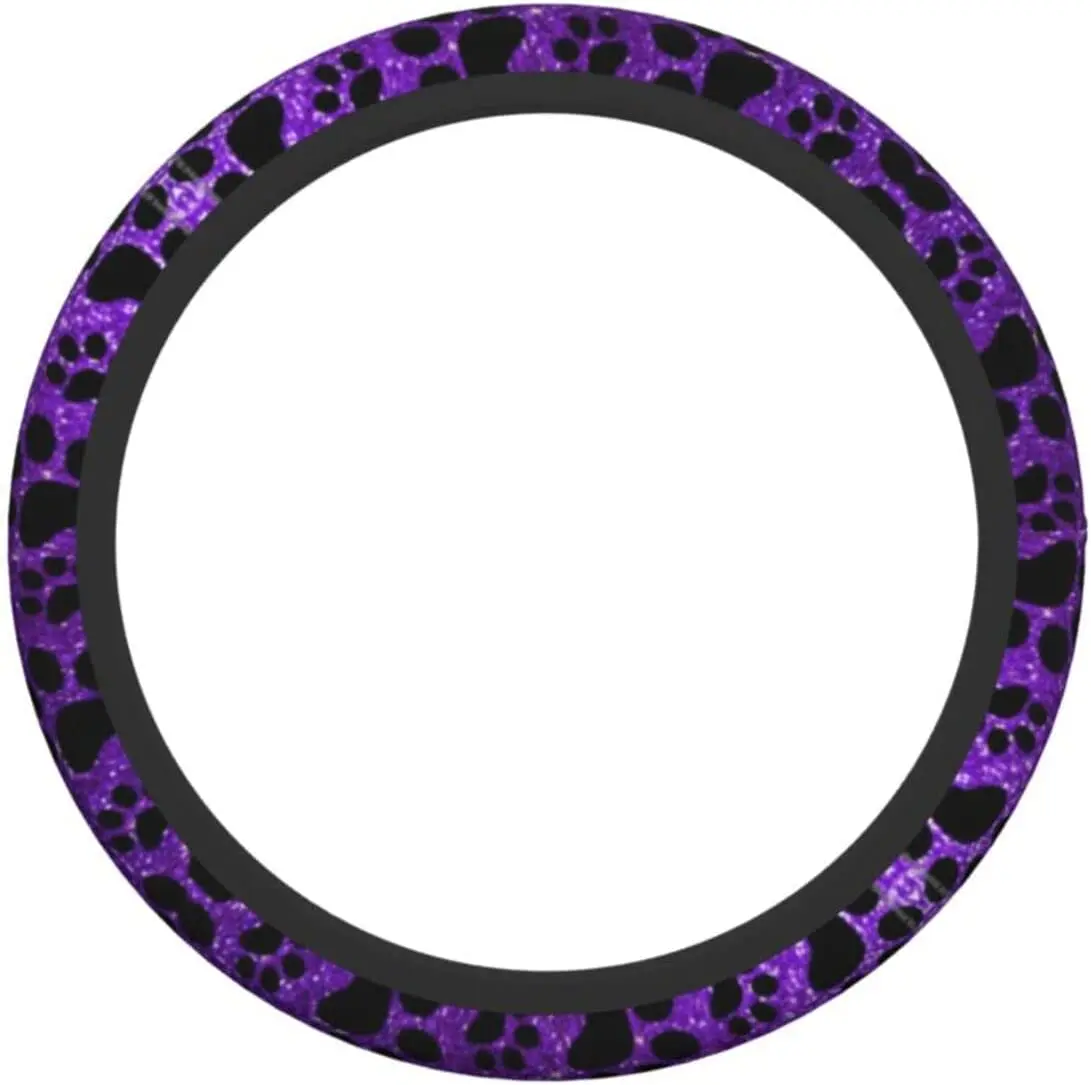 Dog Paws Purple Glitter Pattern Car Steering Wheel Cover for Womens Girls Mens 15 Inches Anti-Slip Universal Truck Vans SUV