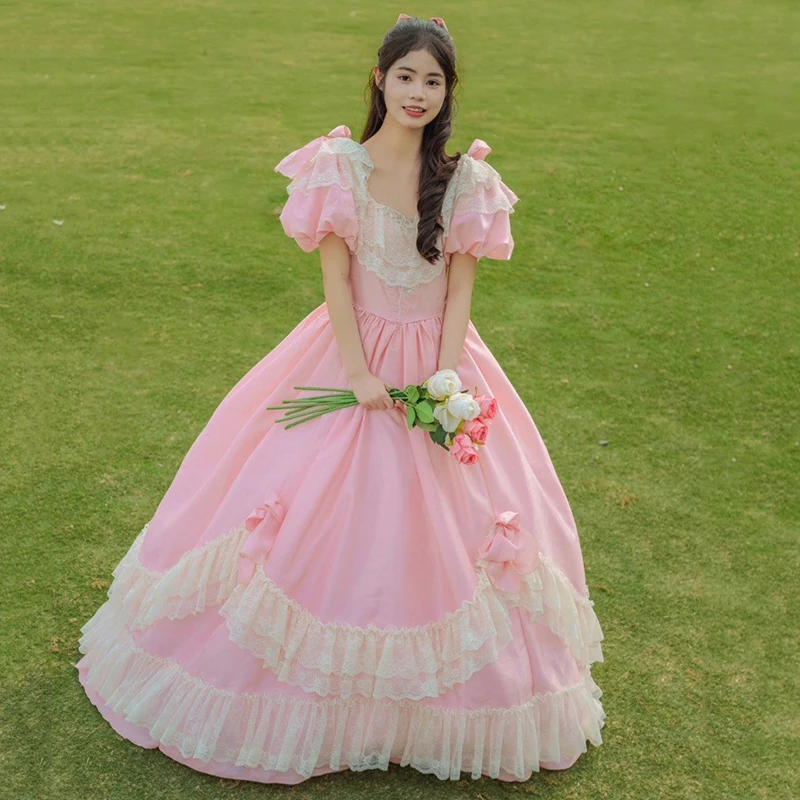 AnXin SH princess vintage pink satin white flower lace bow