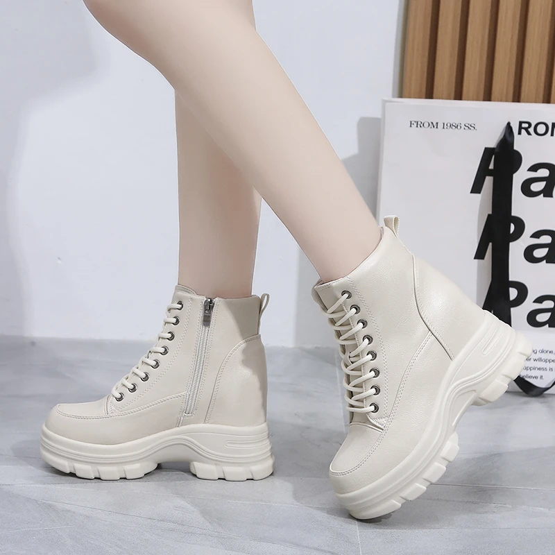 

2023 Autumn Winter High Platform Leather Boots 8 CM Wedge Heels Ankle Boots Women Punk Shoes Motorcycle Chunky Sneakers Woman