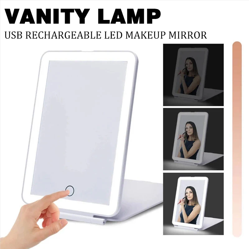 Portable Foldable Travel Makeup Mirror Led Light Infinite Dimming Bedroom Vanity Mirror Usb Rechargeable Make Up Tools