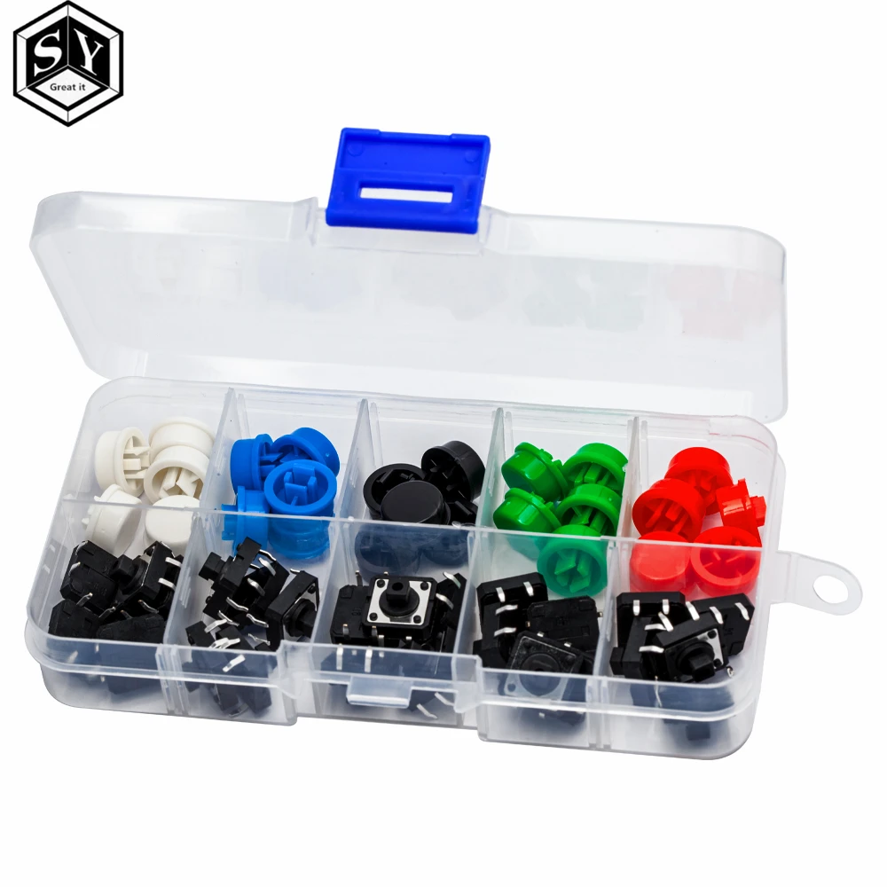 Tactile Push Button Switch 25PCS Tactile Push Button Switch Momentary 12*12*7.3MM Micro switch button + 25PCS Tact Cap(5 colors) for Arduino Switch