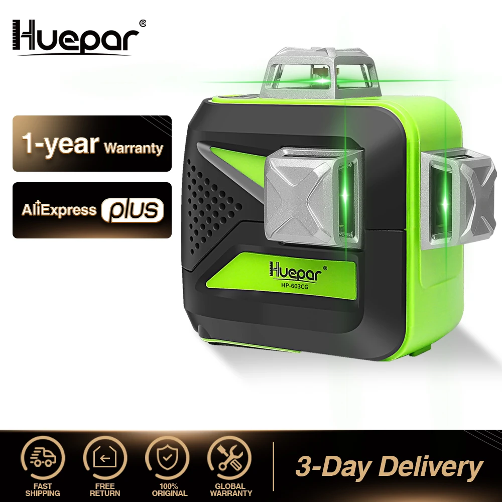 Huepa-Láser de línea cruzada autonivelante 3D, autonivelador con rayo verde de línea vertical y horizontal 360, uso de carga USB, batería seca y Li-ion