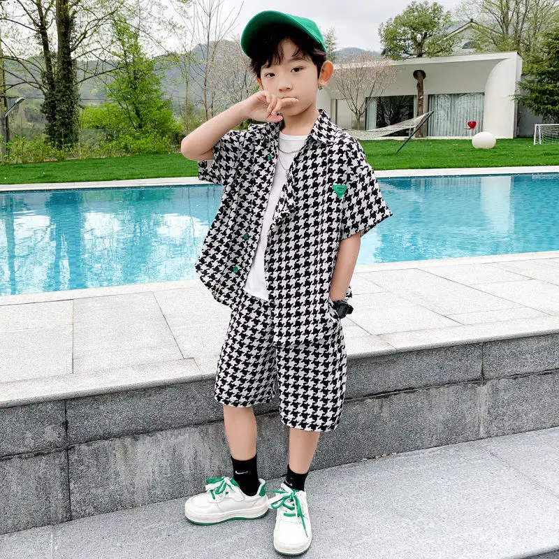 

2023 Summer 4-12 Yrs Boys Baby Clothes Outfits Kids Boy Set Fashion Plaid Shirt + Shorts 2-Piece Set Fashion Birthday Outfit